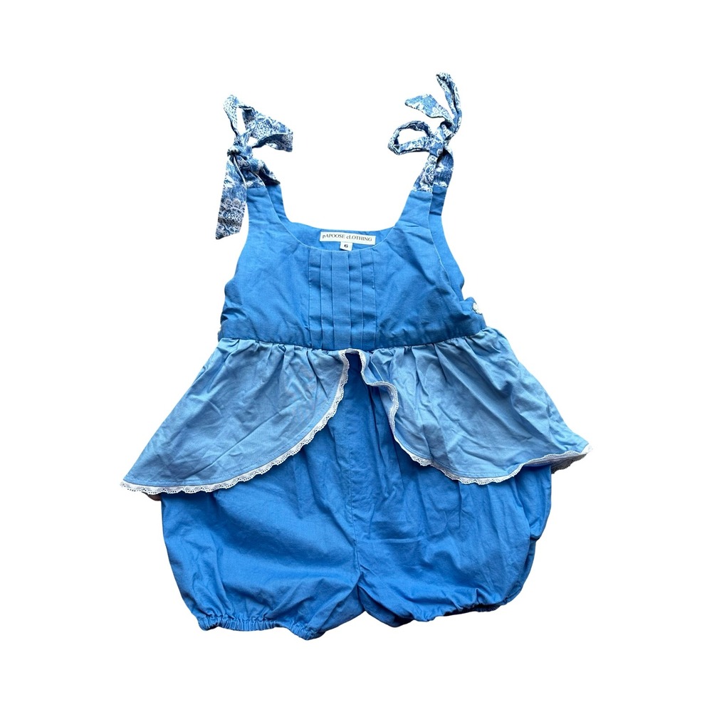 Papoose Clothing Bubble Romper Sz 6 Blue Cotton Lace Trim Pleated Ruffle Casual